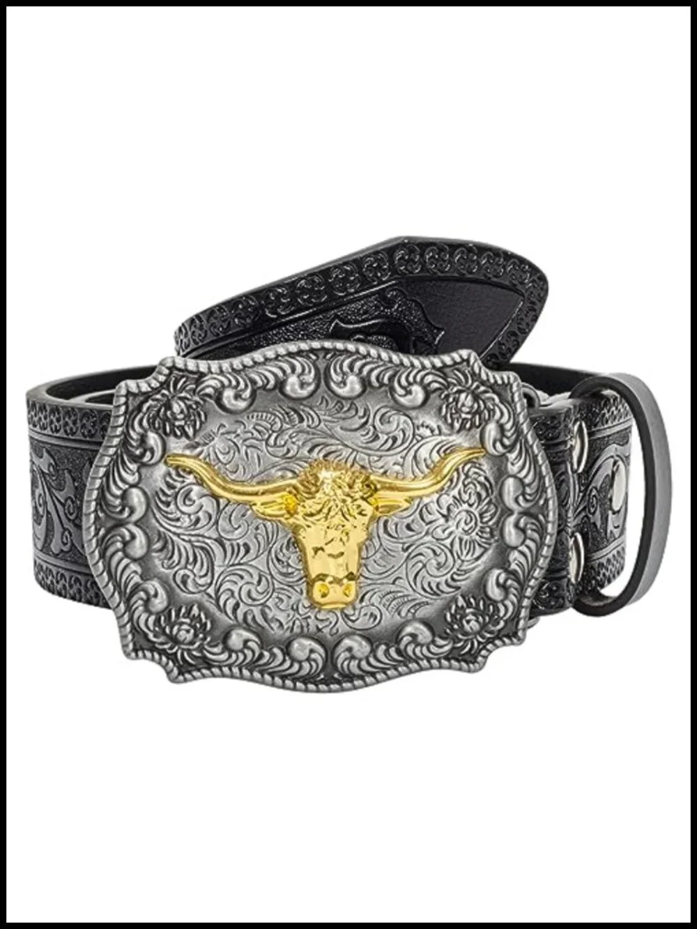Genuine Leather Western Cowboy Belt Vintage Floral Engraved Bull Buckle Men